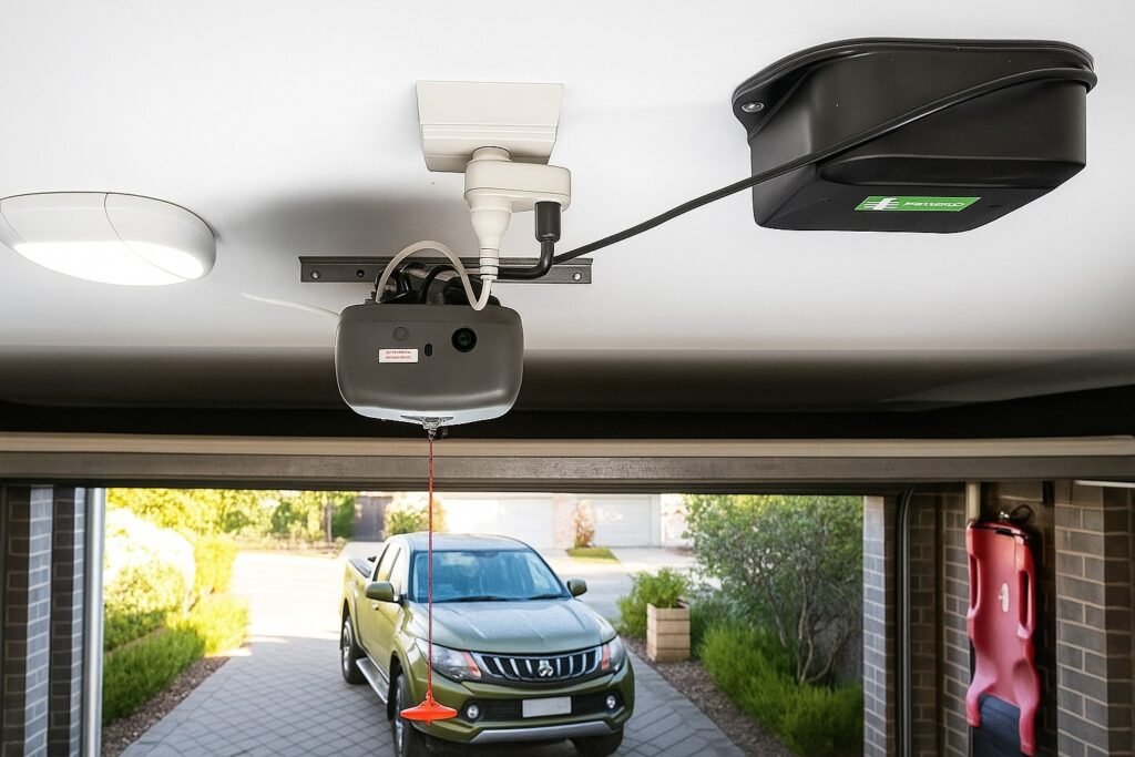 A garage door opener with wiring and a manual release cord hangs from the ceiling as a car is parked outside the open garage.